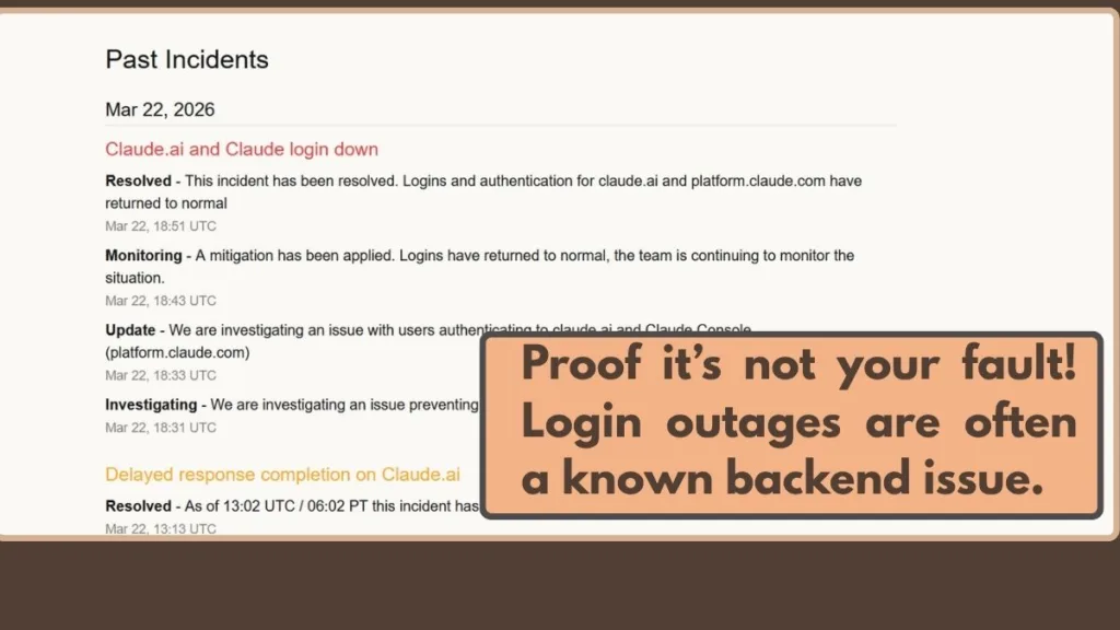 Claude status incident log showing a resolved server outage preventing user logins.